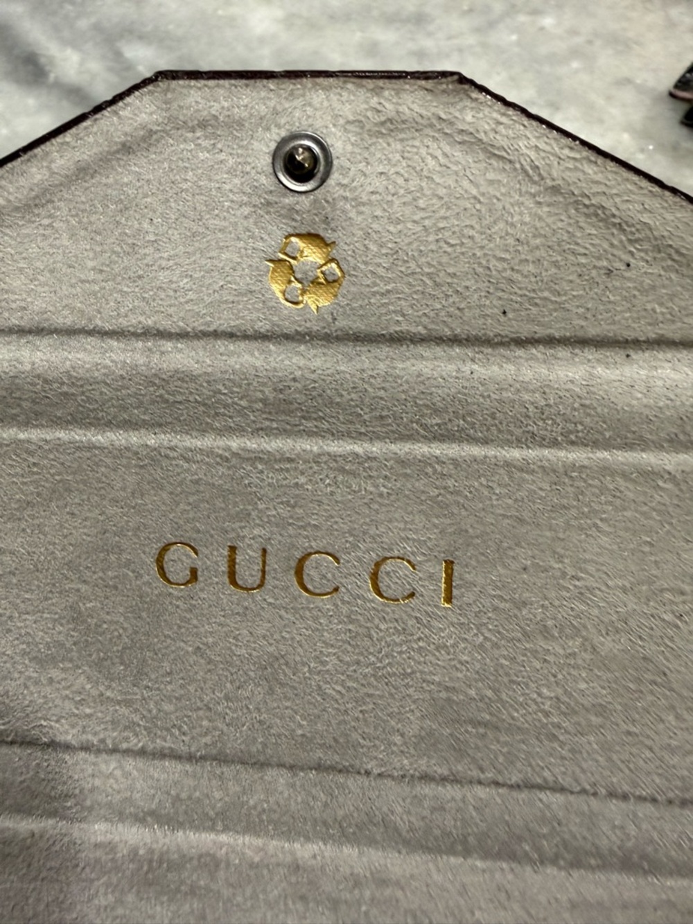 Gucci Gold Logo Suede Triangle Folding Glasses Case- Light Gray Interior Suede